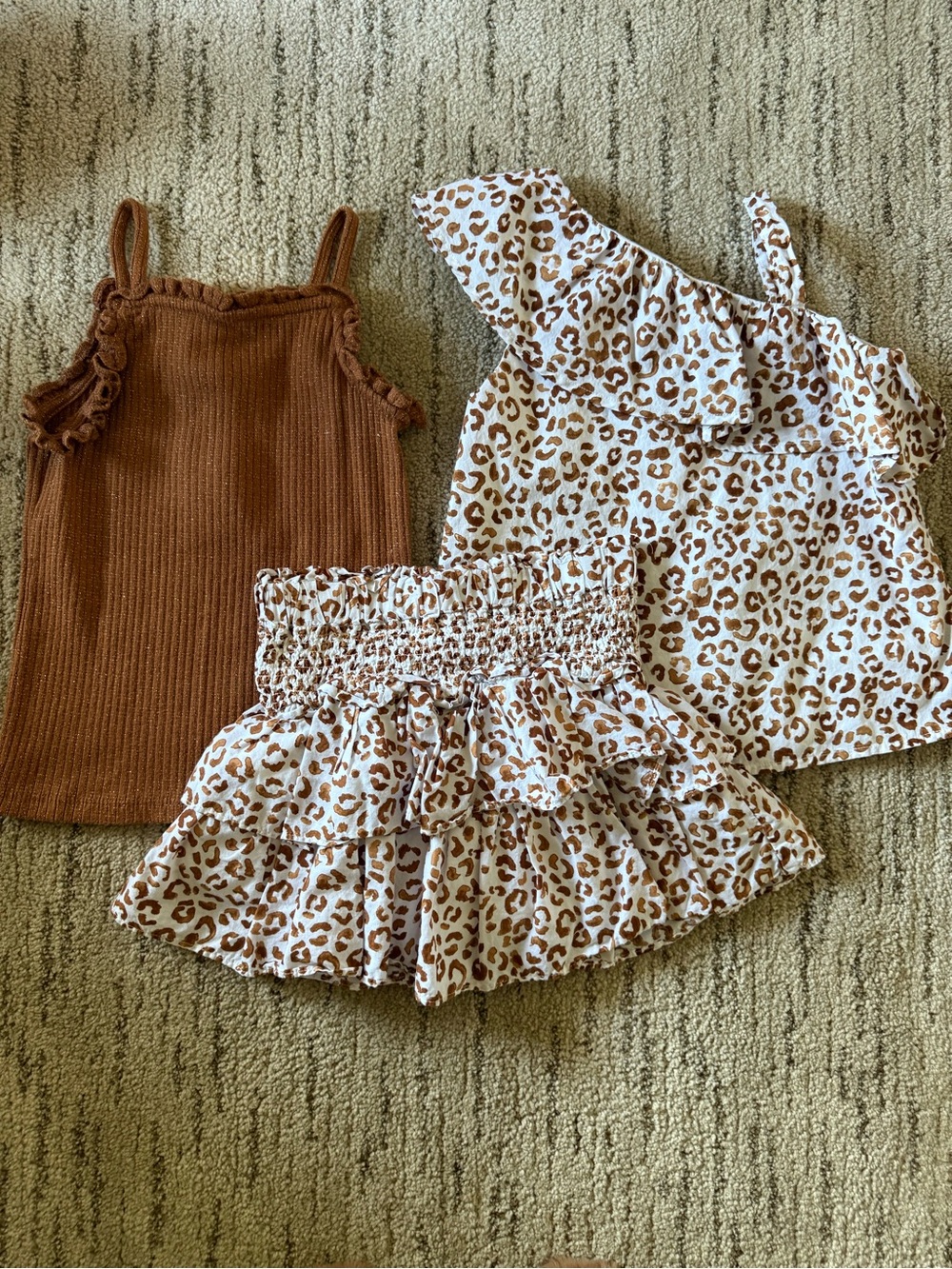 Janie and Jack Brown Knit Tank with White & Brown Leopard Ruffle Skirt Set